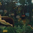 Illustration einer üppigen Dschungelszene mit einer liegenden, nackten Frau, exotischen Pflanzen und Tieren bei Nacht.