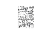 Illustration: Zwei Bären in der Küche backen Kekse. Zutaten wie Zucker, Mehl, Eier und Milch sind auf dem Tisch.