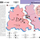 Doppelstrukturen zur Zeit der Mauer. Alles musste es zweimal geben. Karte zeigt Berlin (West) und Berlin (Ost) mit Symbolen.