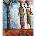 5, 2021. Kalender mit afrikanischem Gemälde: Zwei Figuren, Baum, bunte Gewänder, orange-blauer Hintergrund.