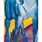 Kalenderseite für Mai 2023 mit einem blauen Pferd in einer bunten Landschaft, expressionistisch gemalt.