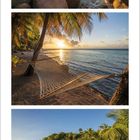 Mai 2027, Kalenderblatt mit drei tropischen Strandfotos. Sonnenlicht durch Palmen und Steine, Hängematte am Strand.