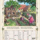 Mai 2027. Ein Spruch über das Wetter im Mai. Illustration eines ländlichen Gartens mit Bauernhaus und Blumen.