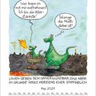 Zwei grüne Drachen, ein Kleiner im Einkaufswagen sagt, er sei der Stärkste. Der Große denkt: "Solange die Mutti dabei ist!"