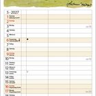 Kalender für Mai 2027. Illustration: Hase, hört einer Häsin zu, die von perfekten Eigenschaften spricht. „Ich glaub, sie spricht von mir!“