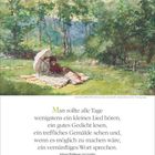 Text: April 20-27, 16. Woche. Zitat von Virginia Woolf zum Thema Lesen. Illustration: Frau liest auf von Efeu umrahmter Veranda.