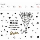 "SOOOO viele MAMAS auf der Welt – und ausgerechnet ich hab die Beste." Illustration mit Blumenstrauß und Sternen.