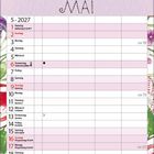 "5-2027, MAI, Kalender mit Blumenillustrationen: Tulpen, Glockenblumen, Veilchen und Margeriten in bunten Farben."