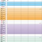 Kalender 5-2027 mit farbigen Wochenzeilen: blau, orange, lila, grün. Tage und Wochentage rechts angegeben. Bereich für Notizen.