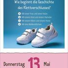 "Wie beginnt die Geschichte des Klettverschlusses? a) Frau und Katze, b) Kind und Hamster, c) Mann und Hund, d) Drei Wellensittiche. Donnerstag 13. Mai." Zwei weiße Turnschuhe mit Klettverschlüssen.