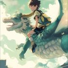 Mai 2027, Monatskalender. Illustration: Junge reitet fröhlich auf einem großen fliegenden, türkisfarbenen Drachen.