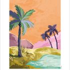 5-Diagramme unten, farbenfrohe Landschaftsillustration mit Palmen, Hügeln und Wasser vor orangefarbenem Himmel.
