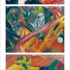 Kalenderseite mit Kunstwerken von Franz Marc. Bilder zeigen Tiere in lebhaften Farben. Unten: Monat Mai mit Datum.
