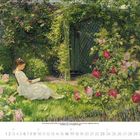 Kalenderblatt Mai 2023. Eine Frau liest in einem blühenden Garten, umgeben von üppigen Rosen.