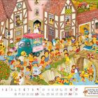 Suche Pipa, den kleinen Vogel. Sie hat sich 10x im Bild versteckt. Fachwerkhäuser, Eiswagen, spielende Kinder am Fluss.