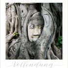 "Vollendung" und ein Zitat von Chuang-Tzu. Ein Buddha-Kopf in einem Baum verankert, umgeben von Wurzeln.
