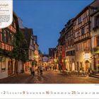 Text oben links: "Elsass Weinstraße". Darunter ein Hinweis auf Wein und Typizität der Region.   
Pflanzenbewachsene Fachwerkhäuser bei Dämmerung.