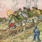 Illustration von strohgedeckten Häusern mit Rauchauslässen, einer Sonne am Himmel und einer gehenden Person im Vordergrund.