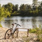 Ich sehe keinen Text. Sandstrand mit einem Fahrrad neben einer Holzbank, im Hintergrund ein ruhiger See und Bäume.