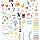 Verschiedene bunte Illustrationen: Tiere, Ballons, Wolken, Hüte, Noten, Blumen, Häuser, Roboter, und Sprechblasen.