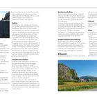 Texte: Tankstellen von 7-22 Uhr. Fähre nach Norwegen buchen. Heimwandergepäck im Wohnmobil Pflicht.

Linke Seite: Ein beeindruckender Felsen mit Menschen darauf.

Rechte Seite: Malerische Landschaft mit grünen Hügeln und buntem Haus darunter.