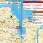"Rund um den Jadebusen" oben links; "Marco Polo Highlights" und "Marco Polo Bucketlist" rechts. Kartendarstellung einer Region.