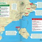 Eine bunte Karte mit dem Titel "Ostbali". Texte: "Marco Polo Bucketlist" mit Tipps zum Schnorcheln und Vulkanbesteigen. Es gibt Markierungen für Orte wie "Amed", "Nusa Lembongan", "Padang Bai" und "Tenganan". Ein Maßstab zeigt 4 km. Enthält Reisehinweise. Links ein größeres Textfeld mit "Marco Polo Highlights".