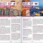 "BEST OF GRÜN & FAIR" und "BEST OF LOW-BUDGET". Links Gemälde an Wand gelehnt, rechts Blick über Stadt bei Abenddämmerung.