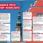 Titel: "MARCO POLO TOP-HIGHLIGHTS". Beschreibungen zu Sehenswürdigkeiten und Tipps vor blauem Himmel und historischen Gebäuden.