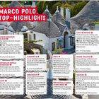 "MARCO POLO TOP-HIGHLIGHTS" in großem roten Feld auf weißem Hintergrund. Darunter runde, weiße Trulli-Häuser.
