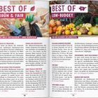 "BEST OF GRÜN & FAIR" links, "BEST OF LOW-BUDGET" rechts. Oben Blätter- und Sparschwein-Symbole. Texte über Recycling, Natur und Sparen.