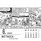 Comic mit drei Panels: Drei Könige reisen. Einer will aufgeben. Kalendertext: "6. Januar MITTWOCH HEILIGE DREI KÖNIGE".