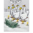 Text oben: "Und jetzt gedenken wir mit einer Schweigeminute allen Freunden und Verwandten, die das Fest nicht überlebt haben..."

Kalenderblatt für Januar, Mittwoch der 6., Heilige Drei Könige. Illustration mit Gänsen und Kerzen.