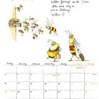 "Mai" und Gedicht über Sommer. Cartoon-Bienen mit Koffern, Kalenderraster, Feiertage wie Christi Himmelfahrt markiert.