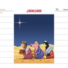 Kalenderblatt für Januar 2027. Illustration von drei Tieren als Heilige Drei Könige unter einem Sternenhimmel.