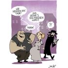 Comic: Drei Personen, Sprechblasen: „Wir nennen ihn Thor!“, „Und wenn’s ein Mädchen wird?“, „Thora!“, „?!“.
