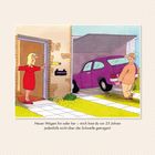 Illustration: Frau in rotem Kleid an Tür, Mann mit Auto in Garageneinfahrt. Text: "Neuer Wagen hin oder her..."