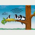 "Ich hab nichts angestellt!" und "Umsonst werden wir ja wohl nicht aufgefordert, zum Elterngespräch zu erscheinen..." Dialog einer gezeichneten Vogelfamilie.