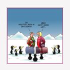 Illustration: Ein Paar mit Koffern steht im Schnee, umgeben von neugierigen Pinguinen.