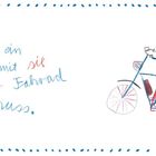 „Omas sind Mamas mit ganz viel Sahne!“ Ein Kind hält Eisbecher und Sahne. Bunte Blumen verzieren den Rand.