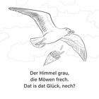 „Der Himmel grau, die Möwen frech. Dat is dat Glück, nech?“ Illustration einer Möwe mit Pommes im Schnabel.