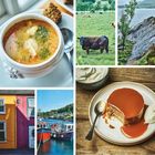 Ein Teller mit Suppe, Landschaft mit Kühen, Küste, bunte Häuser, Boote im Hafen, Dessert mit Karamellsauce und Sahne.