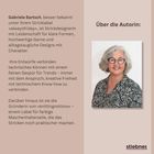 Über die Autorin: Gabriele Bartsch ist Strickdesignerin. Rechts ihr Foto, lächelnd, mit grauem Haar und Brille. Unten Logo.