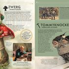 Magische Naturwesen: "Zwerg" und "Tommyknocker" beschrieben. Links: Ein Zwerg auf einem Pilz. Rechts: Zwei Tommyknocker in einem Bergwerkwagen.