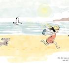 Mit dir kann ich so sein, wie ich bin. Ein Mädchen und ein Hund rennen fröhlich am Strand, Möwen fliegen über ihnen.