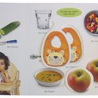 "der Apfel", "die Suppe", "das Lätzchen", "der Obstsalat", "das Glas", "Wo liegt der Löffel? Tippe darauf!"