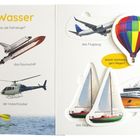Überschrift: "Luft und Wasser". Bilder: Flugzeug, Raumschiff, Heißluftballons, Containerschiff, Kajak, Hubschrauber, Segelboot.