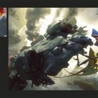 Seite aus "The Art of Avatar: Fire and Ash". Links: Text über Filmszenen. Rechts: Lebhafte Schlachtszene mit fliegenden Kreaturen.