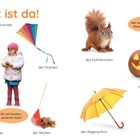 "Der Herbst ist da!" Wildgänse, Drache und Laterne; Eichhörnchen, Kürbis. Kastanienmännchen und bunte Blätter.