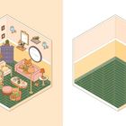 Links eine Illustration eines gemütlichen Zimmers mit Tieren und Möbeln, rechts ein leerer Raum.